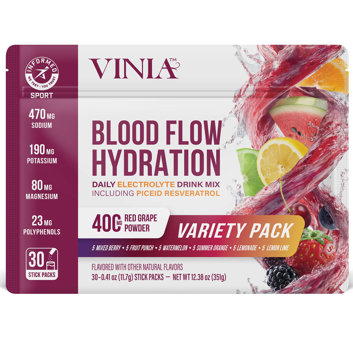 VINIA Resveratrol Electrolyte Hydration Powder Mix | Boost Blood Flow & Circulation | Sea Salt, Coconut Water Potassium, Magnesium, Informed Sport Certified - FENGGESTORE20