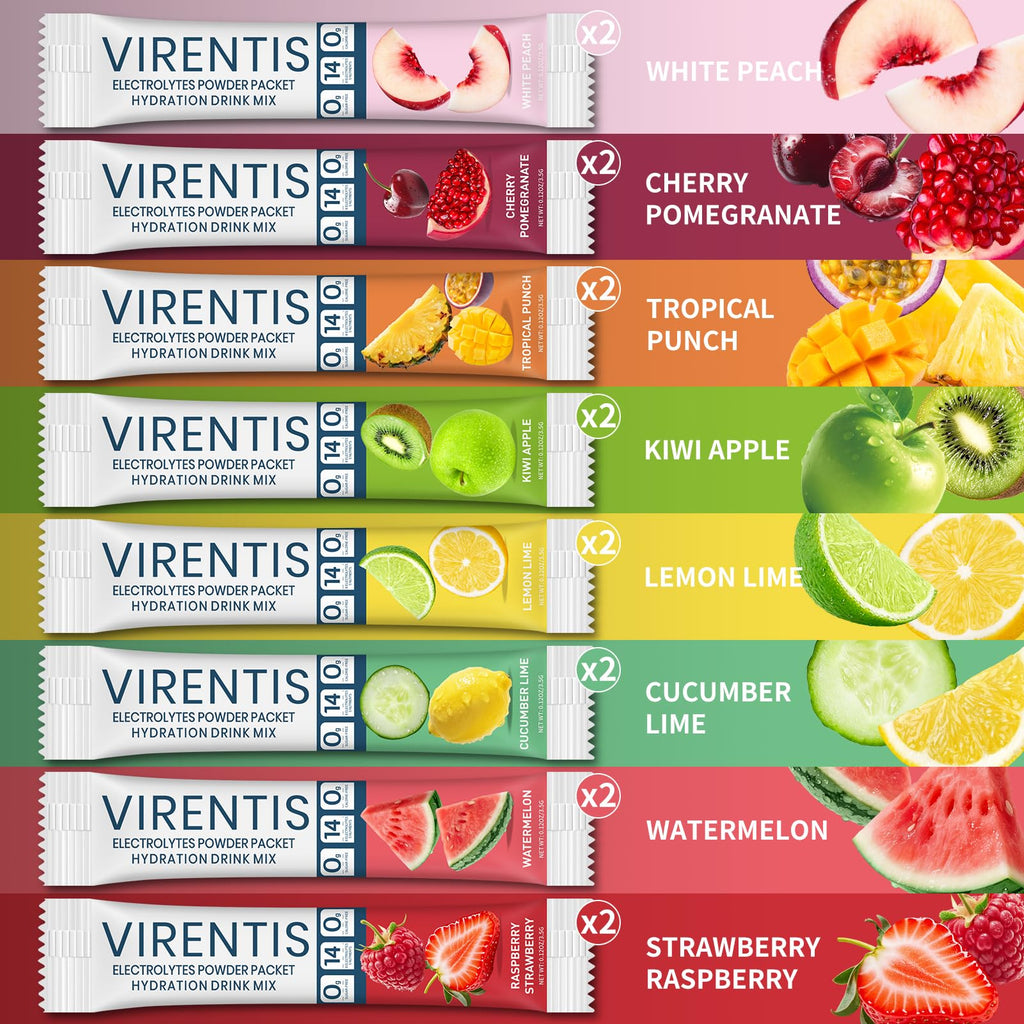 VIRENTIS 16 Sticks Electrolytes Powder Packets Sugar Free Hydration Packets, 8 Flavors Liquid Daily IV Electrolyte Drink Mix for Rehydration - FENGGESTORE20