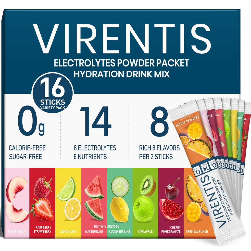 VIRENTIS 16 Sticks Electrolytes Powder Packets Sugar Free Hydration Packets, 8 Flavors Liquid Daily IV Electrolyte Drink Mix for Rehydration - FENGGESTORE20