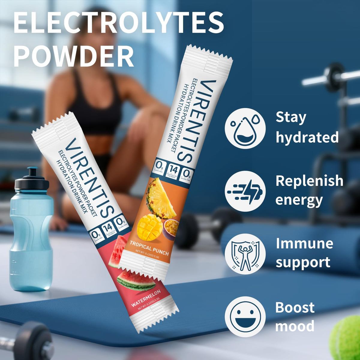 VIRENTIS 16 Sticks Electrolytes Powder Packets Sugar Free Hydration Packets, 8 Flavors Liquid Daily IV Electrolyte Drink Mix for Rehydration - FENGGESTORE20