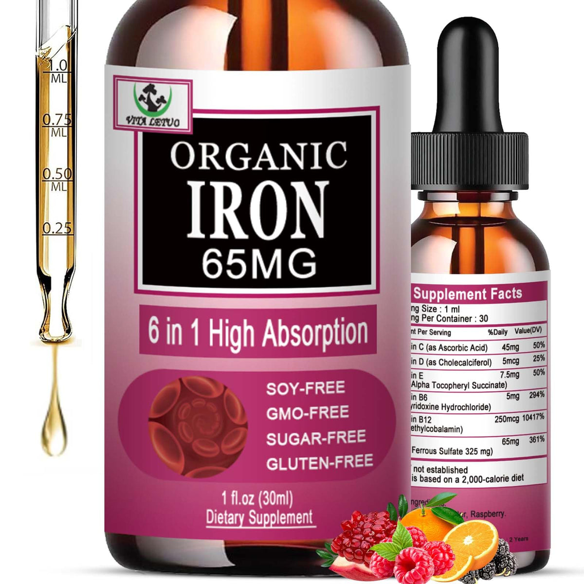 Vita letuo Iron Supplement for Women with Vitamin C,6-in-1 Liquid Supplement w/Vitamin B12,Vitamin B6,High Absorption Liquid Iron Drops for Red Blood Cells - FENGGESTORE20