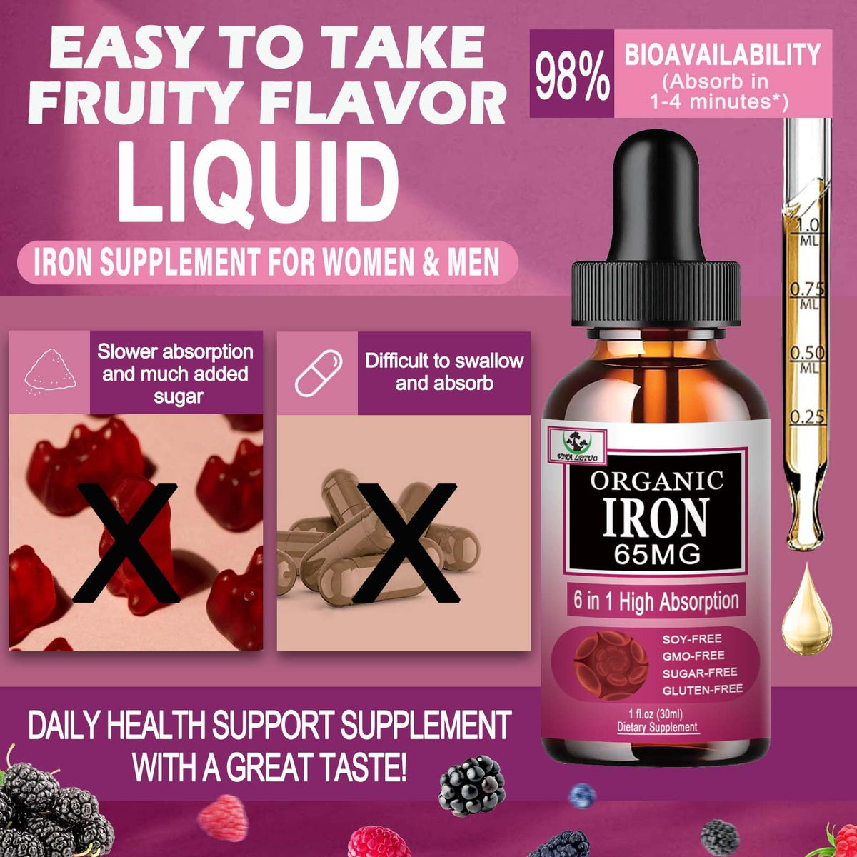Vita letuo Iron Supplement for Women with Vitamin C,6-in-1 Liquid Supplement w/Vitamin B12,Vitamin B6,High Absorption Liquid Iron Drops for Red Blood Cells - FENGGESTORE20