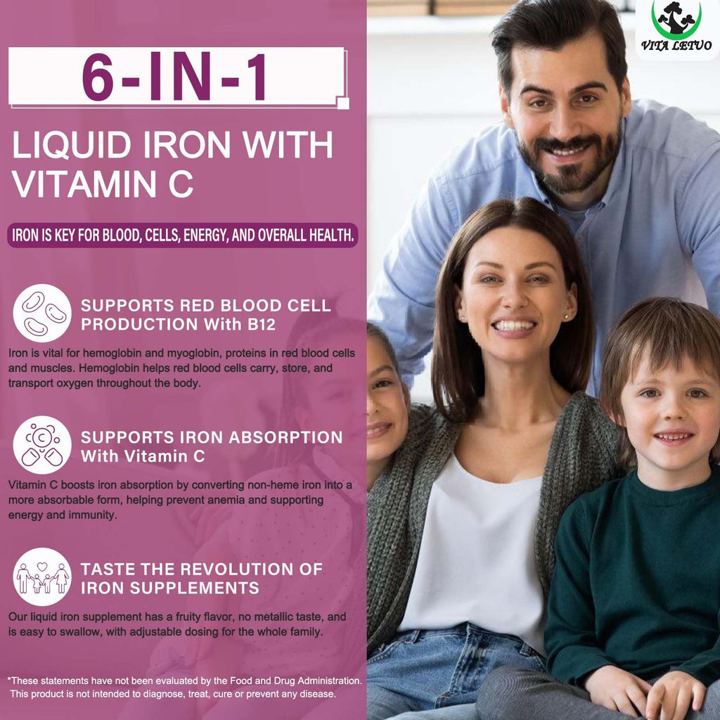 Vita letuo Iron Supplement for Women with Vitamin C,6-in-1 Liquid Supplement w/Vitamin B12,Vitamin B6,High Absorption Liquid Iron Drops for Red Blood Cells - FENGGESTORE20