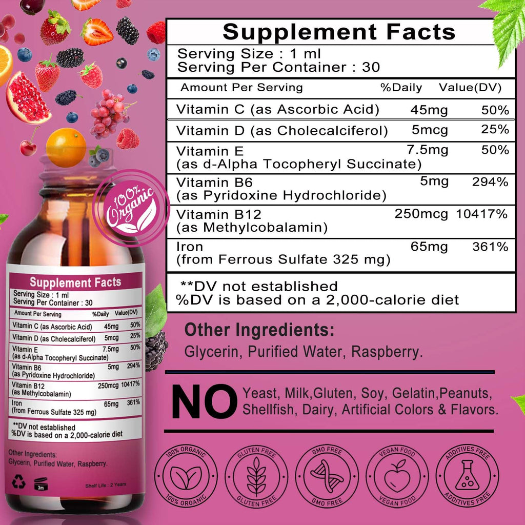 Vita letuo Iron Supplement for Women with Vitamin C,6-in-1 Liquid Supplement w/Vitamin B12,Vitamin B6,High Absorption Liquid Iron Drops for Red Blood Cells - FENGGESTORE20