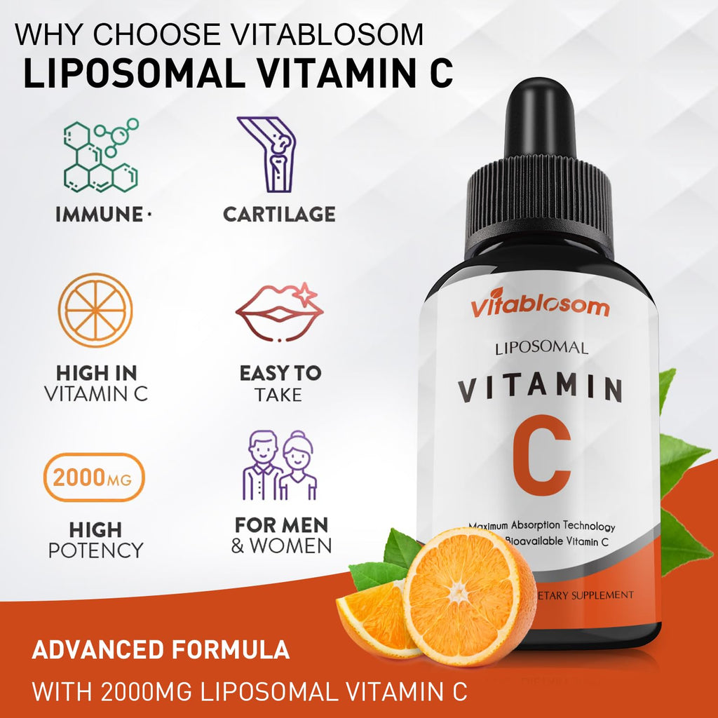 Vitablosom Liposomal Vitamin C 2000mg Liquid for Adults, High Absorption VIT C, Maximize Vitamin C, Immune System & Antioxidant Support, 60ML (2 Bottle) - FENGGESTORE20