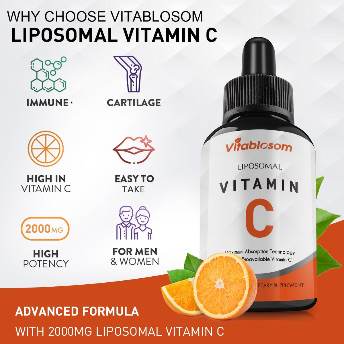 Vitablosom Liposomal Vitamin C 2000mg Liquid for Adults, High Absorption VIT C, Maximize Vitamin C, Immune System & Antioxidant Support, 60ML (2 Bottle) - FENGGESTORE20