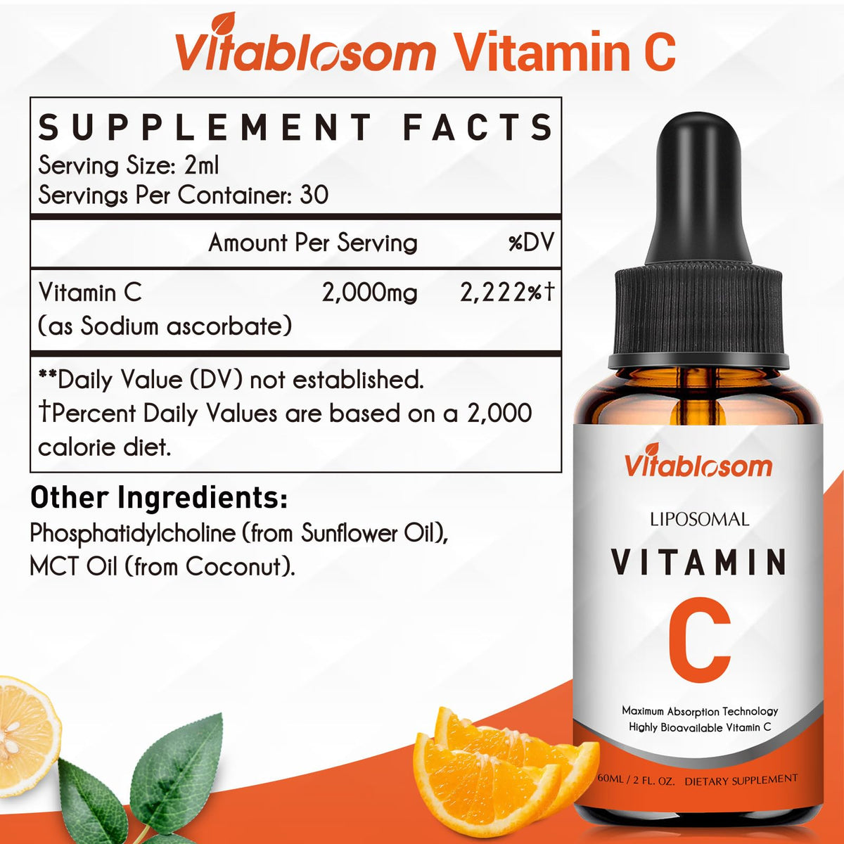 Vitablosom Liposomal Vitamin C 2000mg Liquid for Adults, High Absorption VIT C, Maximize Vitamin C, Immune System & Antioxidant Support, 60ML (2 Bottle) - FENGGESTORE20