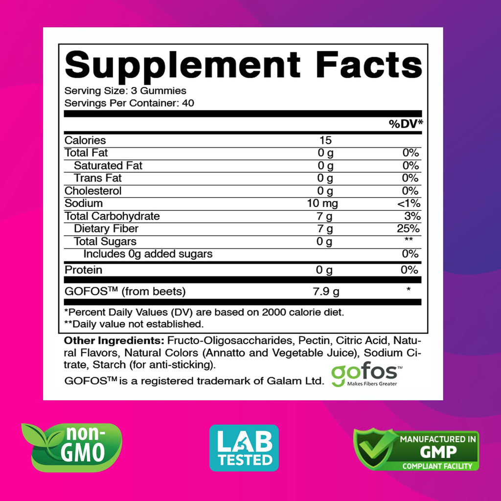 Vitabod Fiber Gummies 7G Per Serving for Digestive Health & Regularity, Prebiotic GOFOS™ Plant-Based Fiber, No Sugar Added, Vegan, Berry Peach Strawberry, 120 Gummies (Adults, Women & Men) - FENGGESTORE20