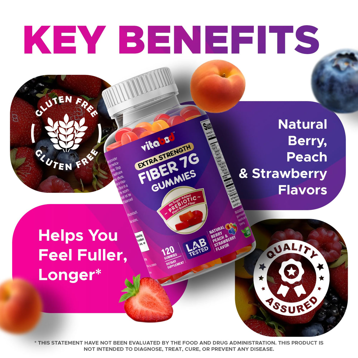 Vitabod Fiber Gummies 7G Per Serving for Digestive Health & Regularity, Prebiotic GOFOS™ Plant-Based Fiber, No Sugar Added, Vegan, Berry Peach Strawberry, 120 Gummies (Adults, Women & Men) - FENGGESTORE20