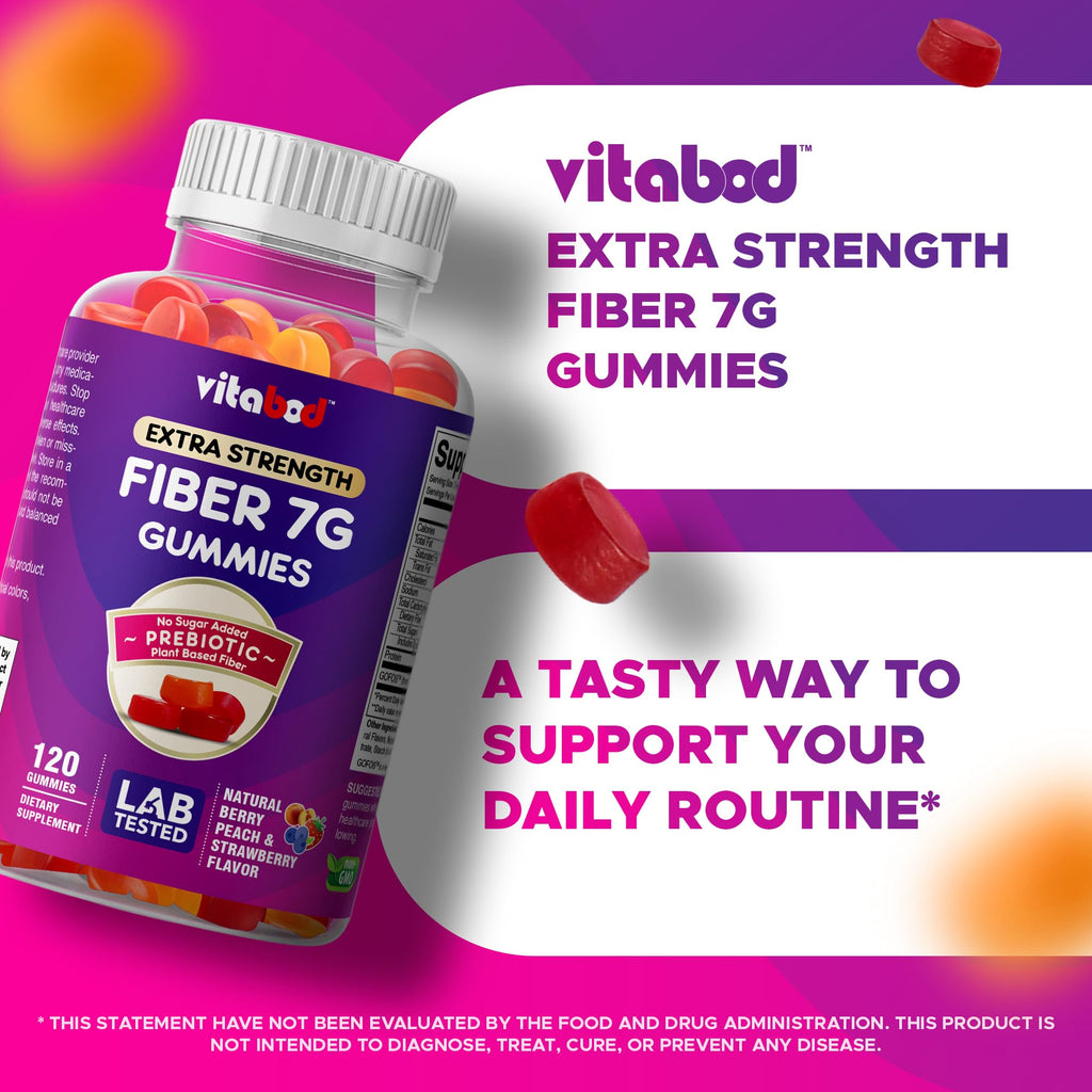 Vitabod Fiber Gummies 7G Per Serving for Digestive Health & Regularity, Prebiotic GOFOS™ Plant-Based Fiber, No Sugar Added, Vegan, Berry Peach Strawberry, 120 Gummies (Adults, Women & Men) - FENGGESTORE20
