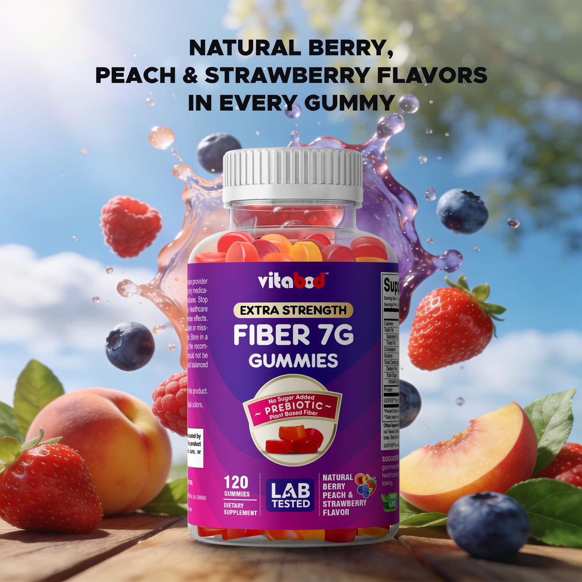 Vitabod Fiber Gummies 7G Per Serving for Digestive Health & Regularity, Prebiotic GOFOS™ Plant-Based Fiber, No Sugar Added, Vegan, Berry Peach Strawberry, 120 Gummies (Adults, Women & Men) - FENGGESTORE20