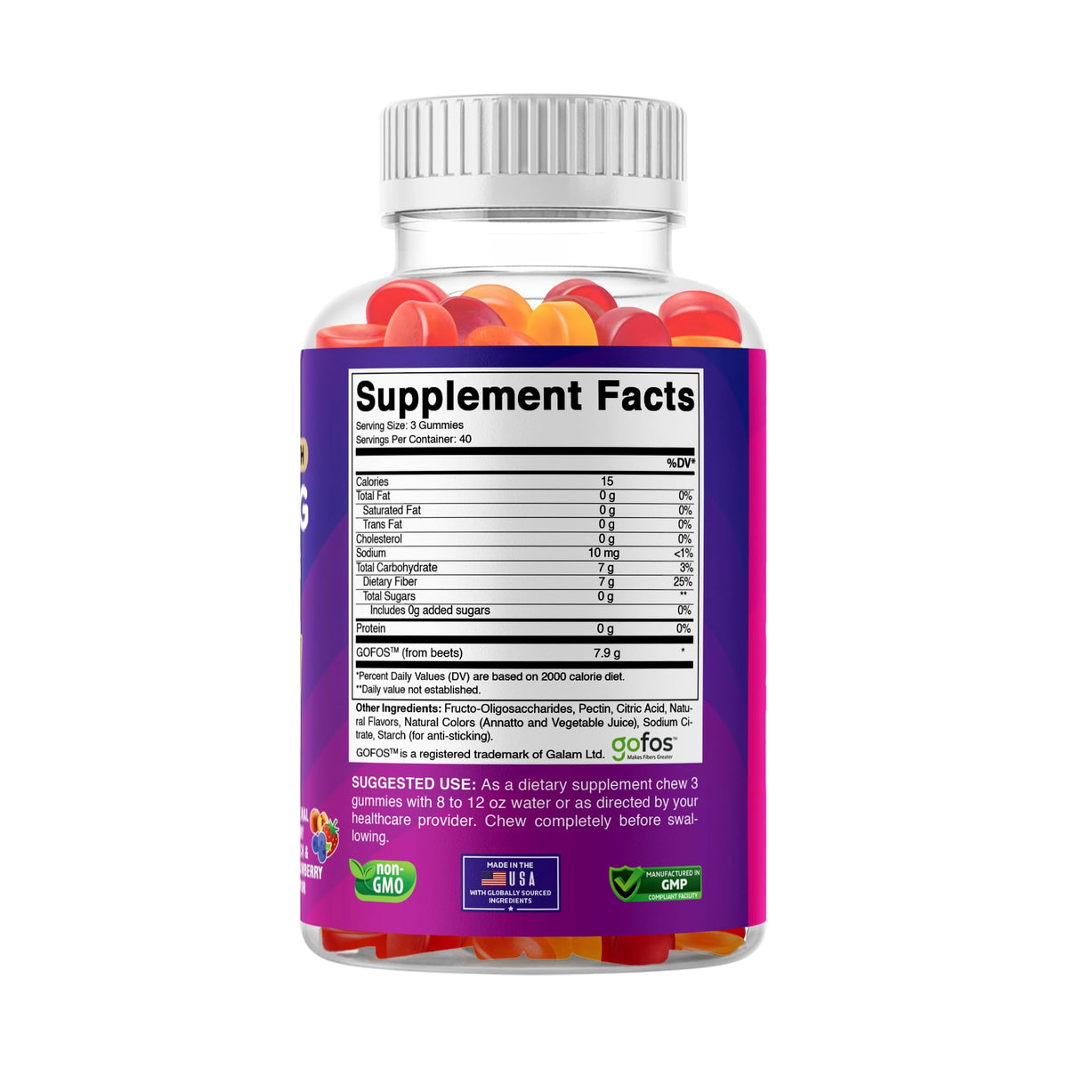 Vitabod Fiber Gummies 7G Per Serving for Digestive Health & Regularity, Prebiotic GOFOS™ Plant-Based Fiber, No Sugar Added, Vegan, Berry Peach Strawberry, 120 Gummies (Adults, Women & Men) - FENGGESTORE20
