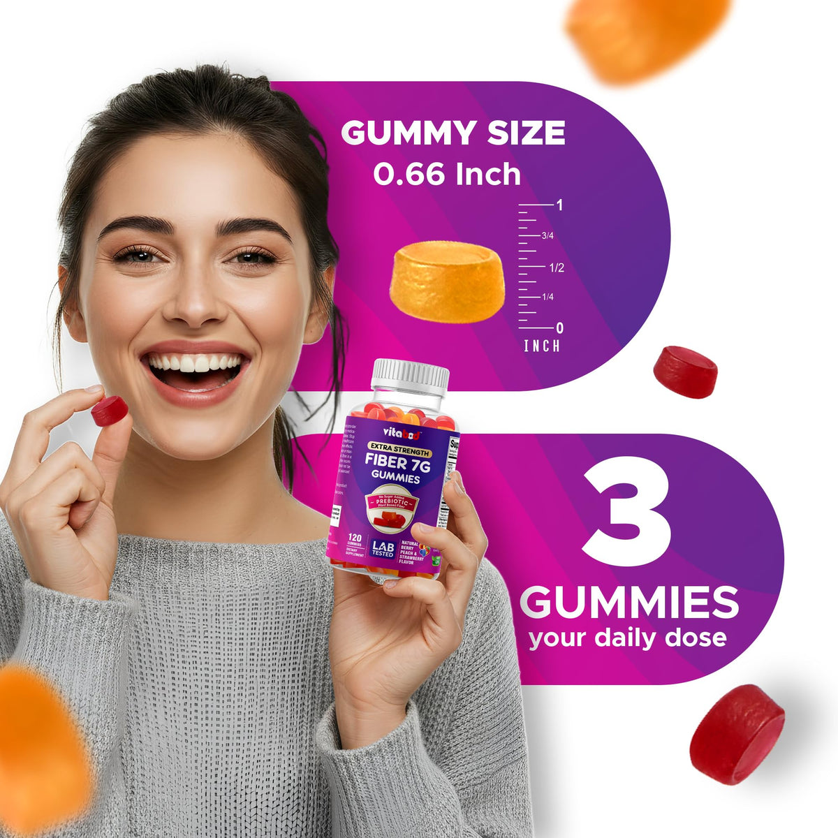 Vitabod Fiber Gummies 7G Per Serving for Digestive Health & Regularity, Prebiotic GOFOS™ Plant-Based Fiber, No Sugar Added, Vegan, Berry Peach Strawberry, 120 Gummies (Adults, Women & Men) - FENGGESTORE20