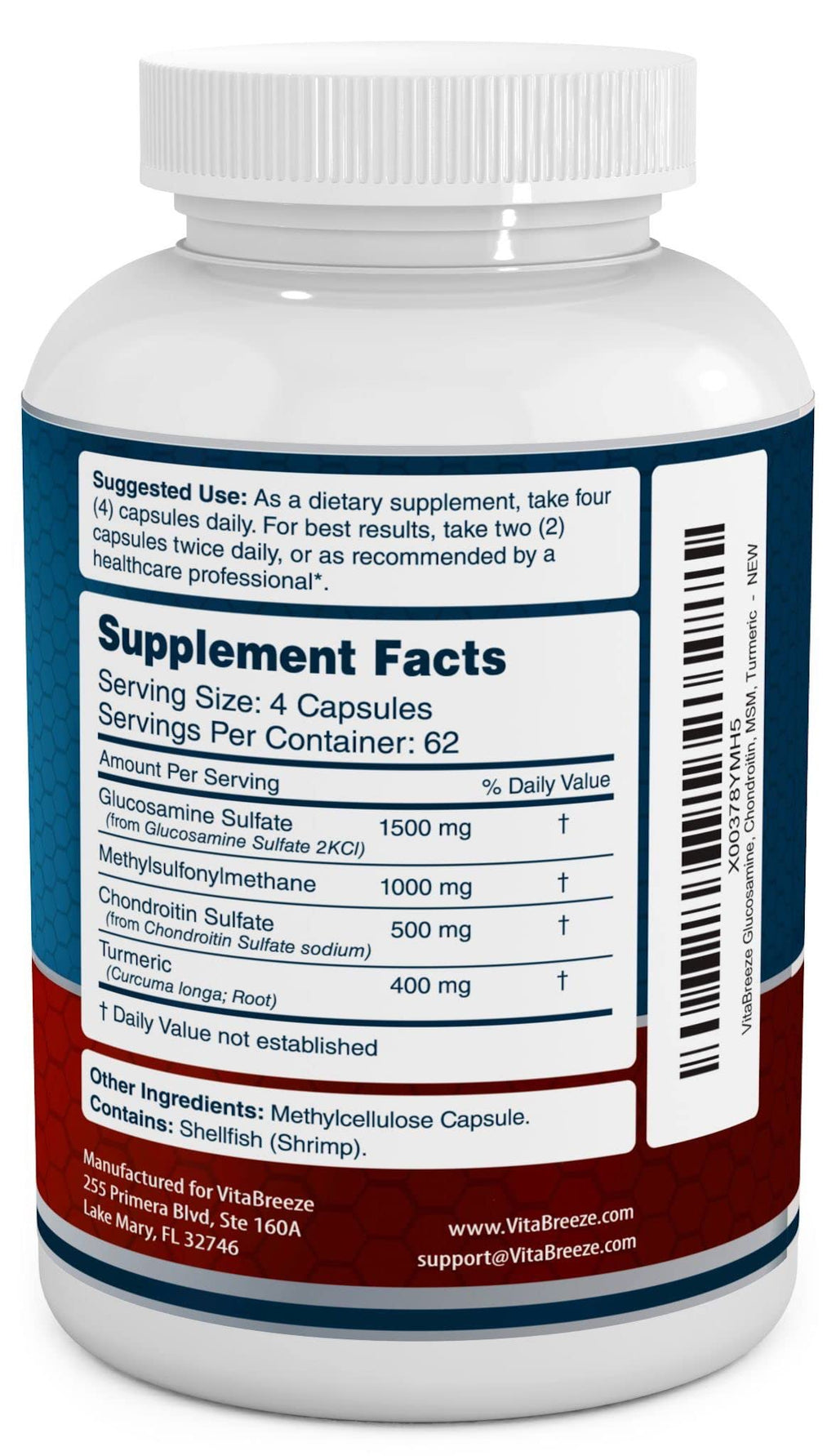 VitaBreeze Glucosamine Chondroitin, MSM & Turmeric Dietary Supplement - 248 Capsules - FENGGESTORE20