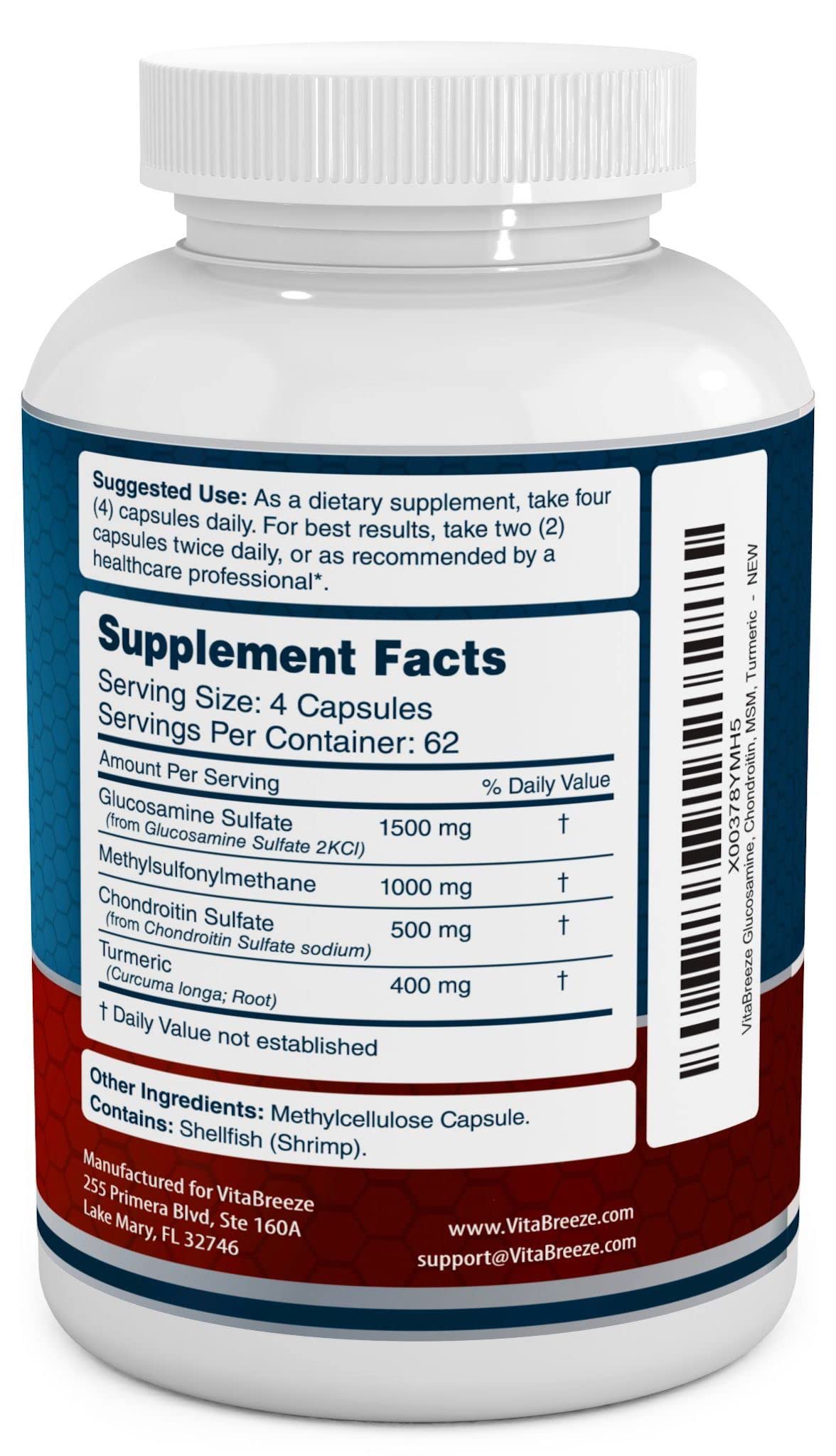VitaBreeze Glucosamine Chondroitin, MSM & Turmeric Dietary Supplement - 248 Capsules - FENGGESTORE20