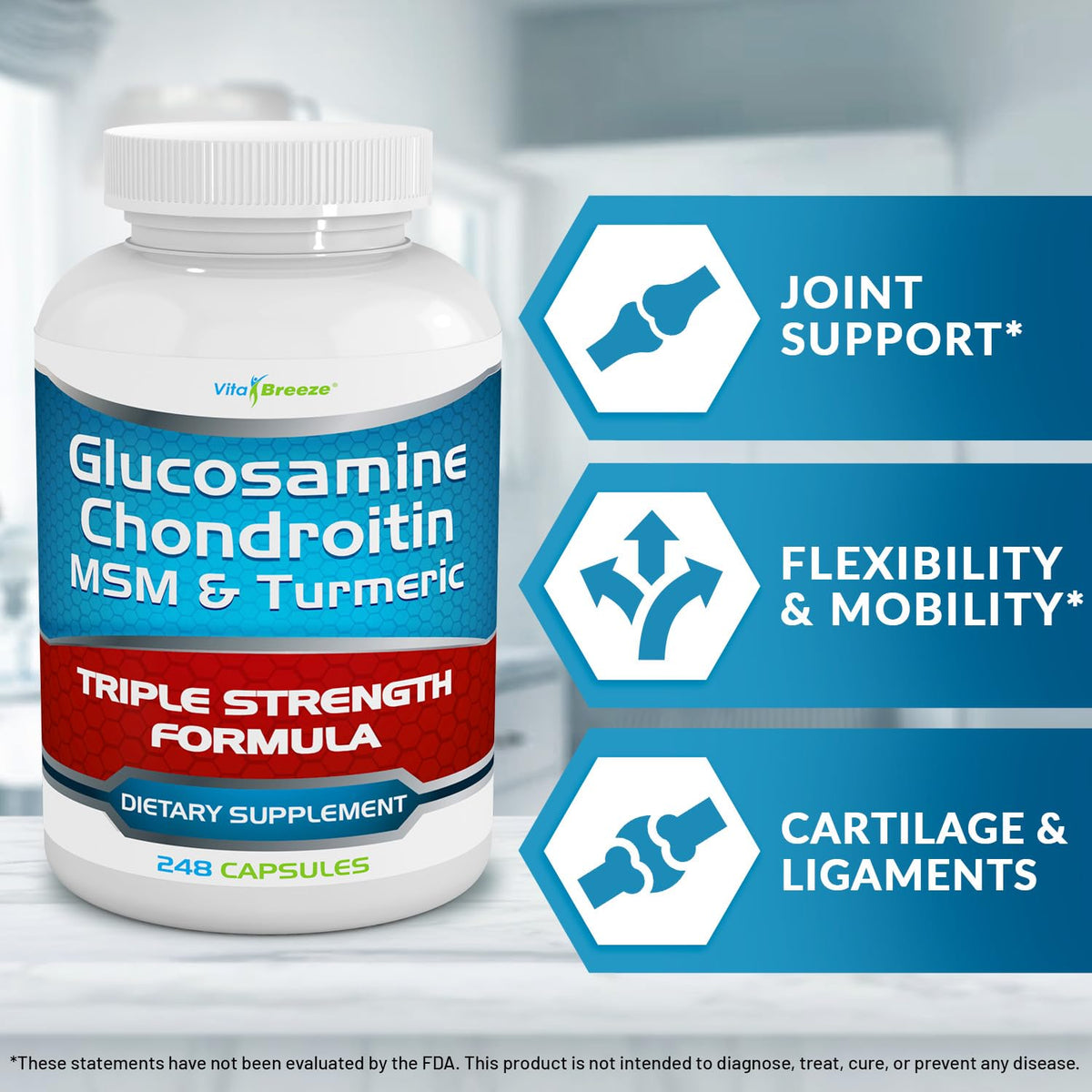 VitaBreeze Glucosamine Chondroitin, MSM & Turmeric Dietary Supplement - 248 Capsules - FENGGESTORE20