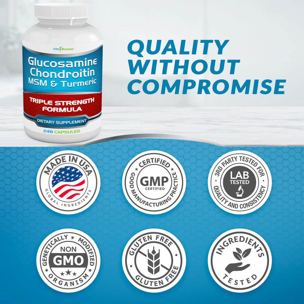VitaBreeze Glucosamine Chondroitin, MSM & Turmeric Dietary Supplement - 248 Capsules - FENGGESTORE20