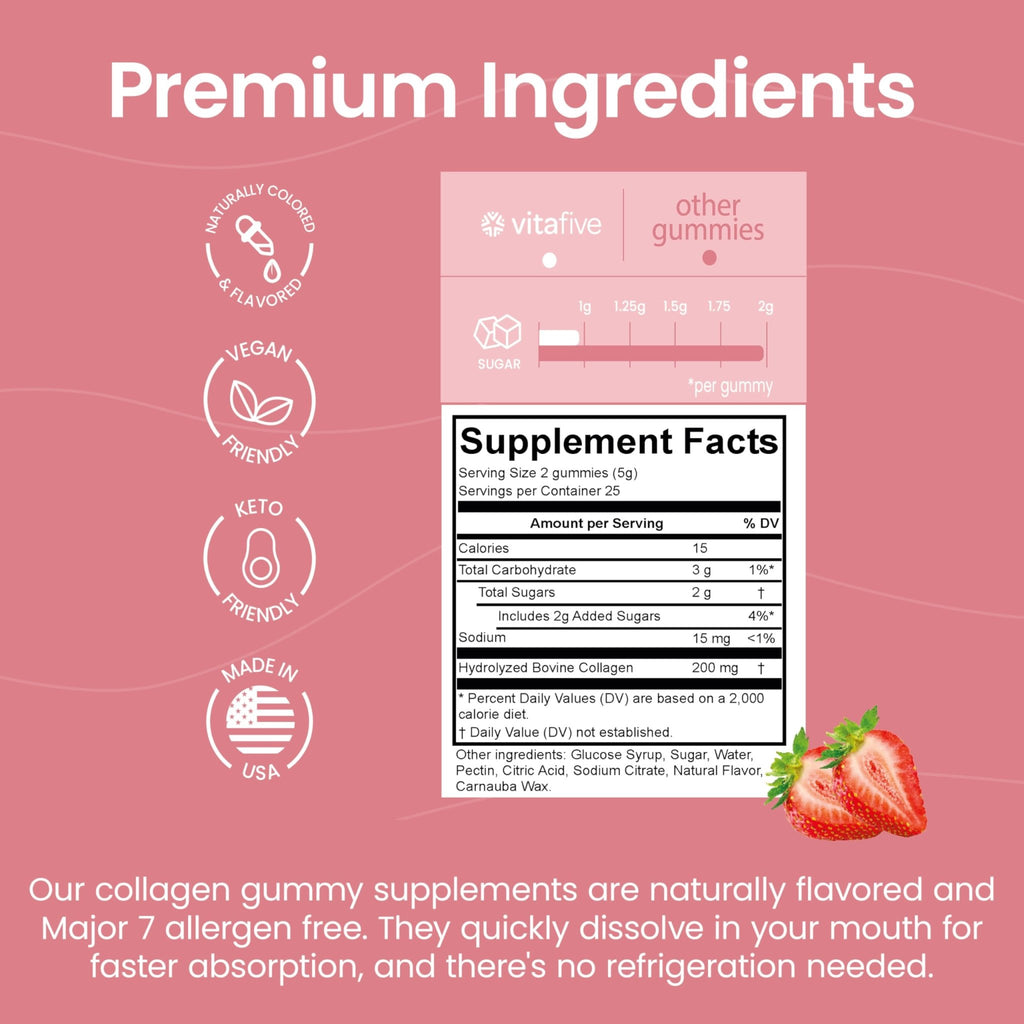 vitafive Collagen Gummies for Men and Women, Bovine Collagen, Collagen Gummy for Hair, Skin, and Connective Tissue Support, Gluten Free (50 Ct) - FENGGESTORE20