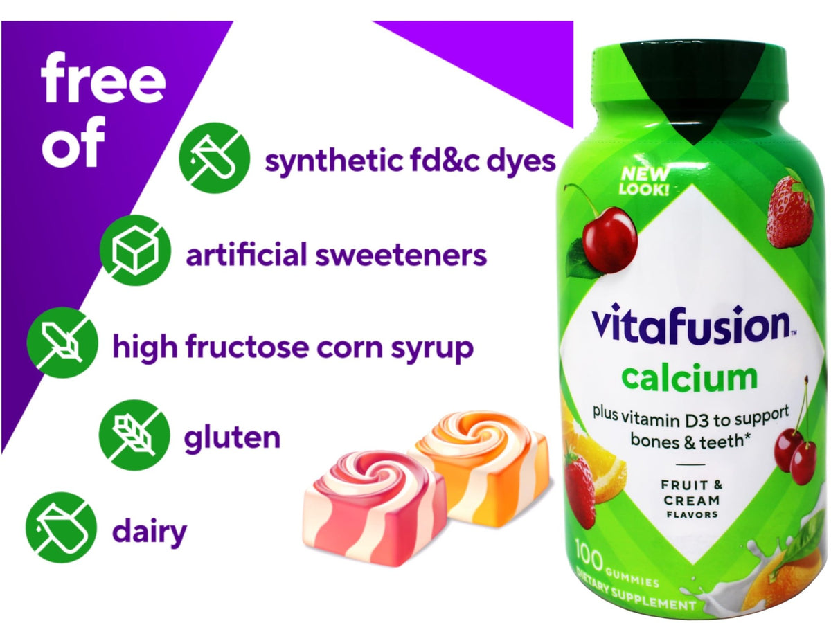 VitaFusion Calcium 500 mg Dietary Supplement Gummies Natural Fruit and Cream Flavors - 100 ct, Pack of 2 - FENGGESTORE20