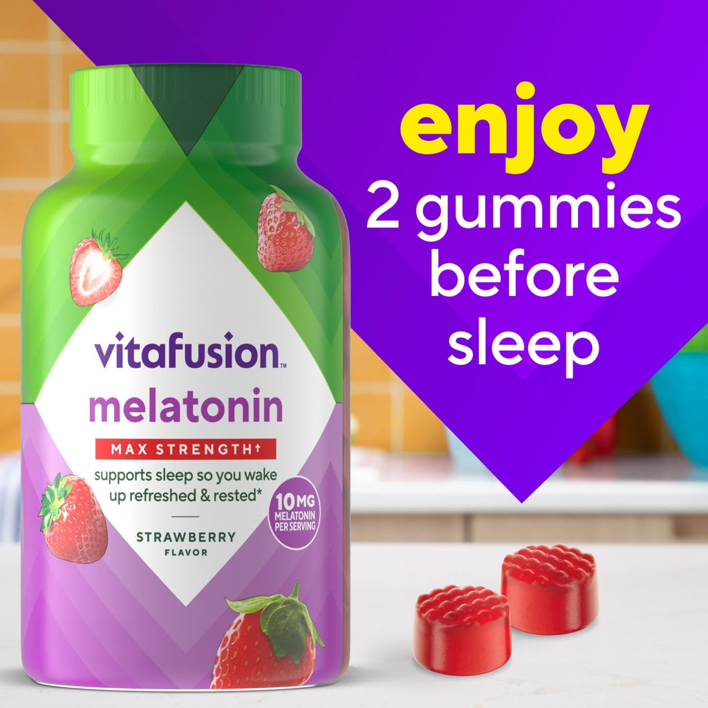 vitafusion Max Strength 10 mg Melatonin Gummies, Strawberry Flavored, Adult Melatonin Gummy Vitamin Supplement, 100 Count, 50 Day Supply - FENGGESTORE20