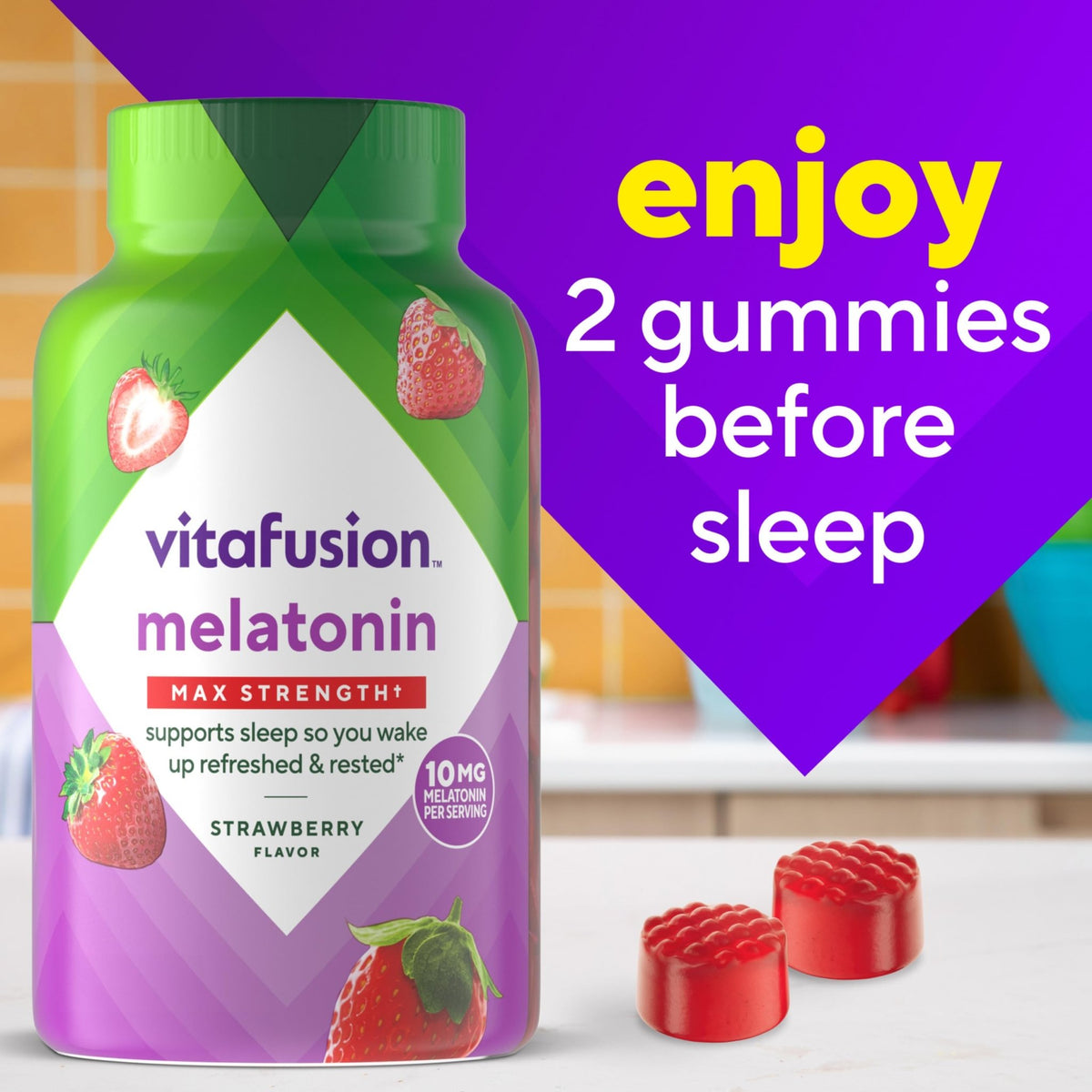 vitafusion Max Strength 10 mg Melatonin Gummies, Strawberry Flavored, Adult Melatonin Gummy Vitamin Supplement, 100 Count, 50 Day Supply - FENGGESTORE20