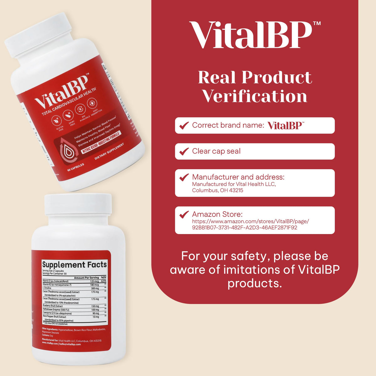 Vital BP - Support for Normal Blood Pressure - Supports Blood Flow & Arteries - with CoQ10, L-Citrulline, and K2 & D3-60 Capsules - FENGGESTORE20