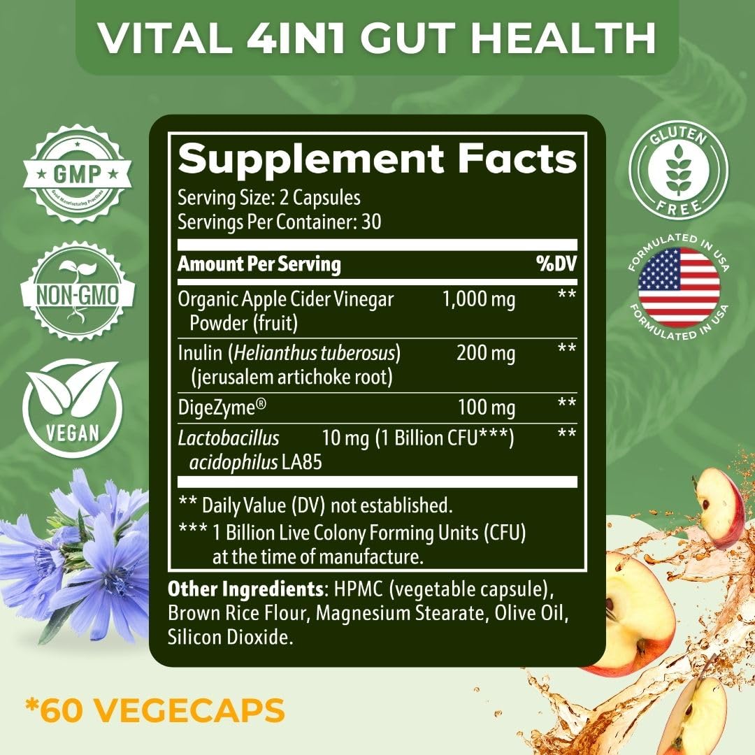 Vital Gut Health 4in1 Formula with Apple Cider Vinegar, Prebiotics & Probiotics, Digestive Enzymes for Strong Immunity Support - FENGGESTORE20