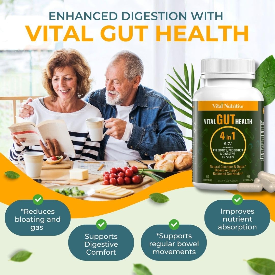 Vital Gut Health 4in1 Formula with Apple Cider Vinegar, Prebiotics & Probiotics, Digestive Enzymes for Strong Immunity Support - FENGGESTORE20