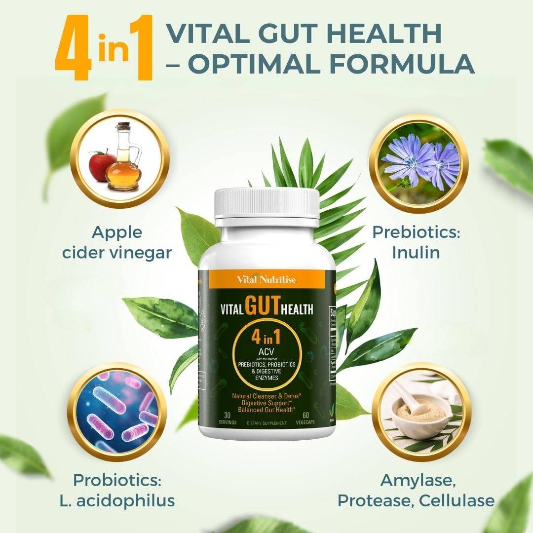 Vital Gut Health 4in1 Formula with Apple Cider Vinegar, Prebiotics & Probiotics, Digestive Enzymes for Strong Immunity Support - FENGGESTORE20