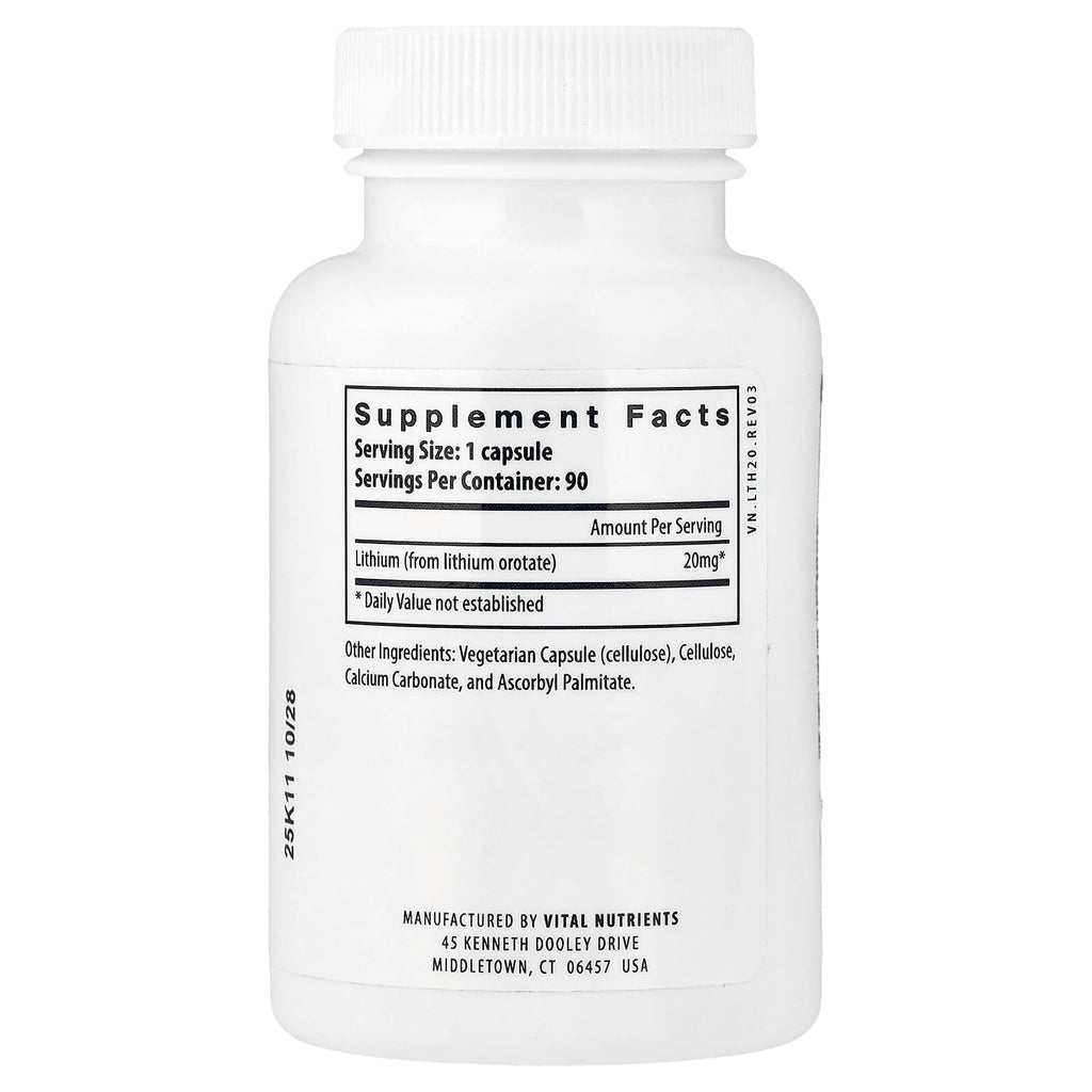 Vital Nutrients Lithium Orotate - Vegan Lithium Supplements for Memory, State of Mind, and Behavioral Health* - 20mg - Gluten, Dairy, Soy Free - 90 Capsules - FENGGESTORE20