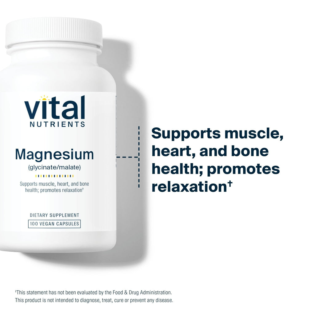 Vital Nutrients Magnesium Glycinate + Malate - 120mg Vegan Magnesium Supplement for Women and Men - Muscle, Heart, Bone Support* - Promotes Relaxation - Gluten, Dairy and Soy Free - 100 Capsules - FENGGESTORE20