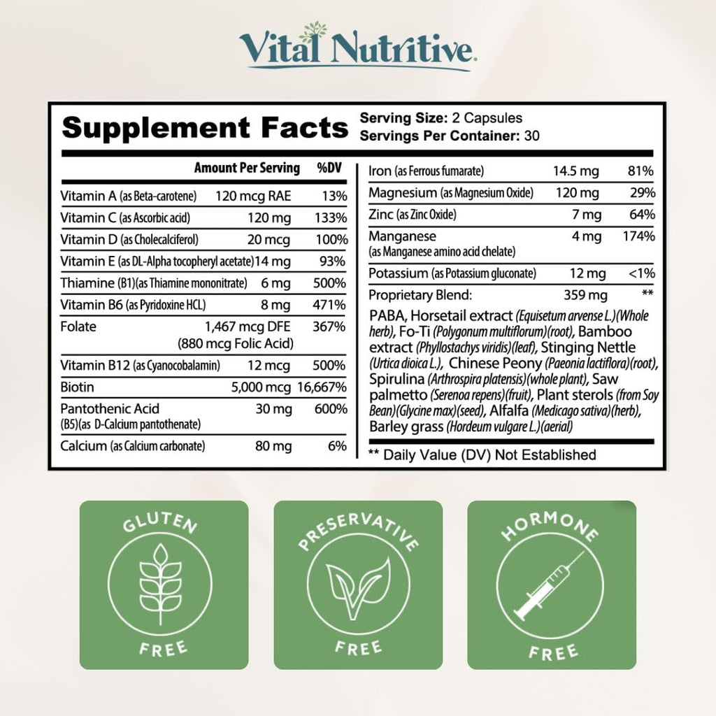 VITAL NUTRITIVE Vital Hair Complex – Biotin & Vitamin B Hair Vitamins for Women & Men – Supports Healthy Hair, Skin & Nails – Hormone-Free, Gluten-Free - FENGGESTORE20