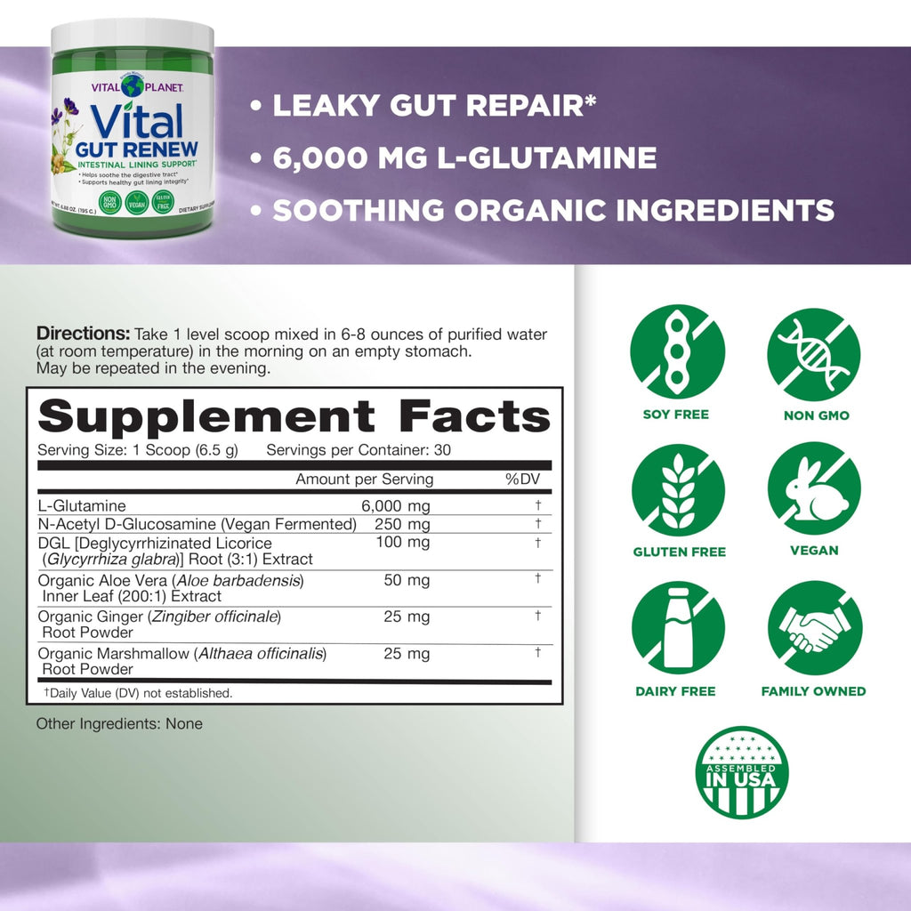 Vital Planet - Vital Gut Renew Powder Supplement for Leaky Gut Repair with L-Glutamine, Marshmallow and Ginger Root, DGL Licorice Root and Organic - FENGGESTORE20