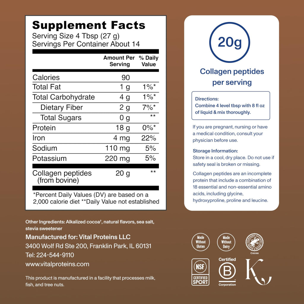 Vital Proteins Collagen Peptides Powder - Chocolate Powder for Hair, Nail, Skin, Bone & Joint Health, 13.5oz - FENGGESTORE20