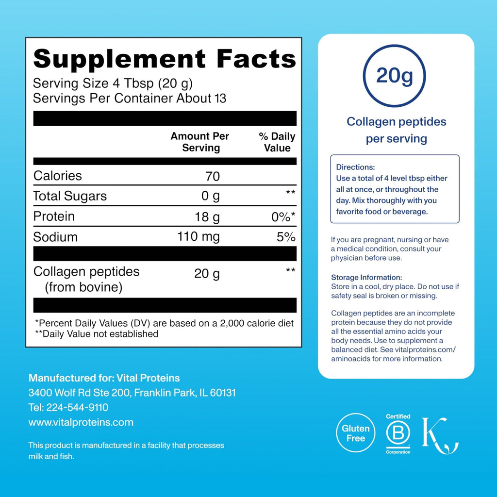 Vital Proteins Collagen Peptides Powder - Supports Hair, Nail, Skin, Bone & Joint Health, Unflavored, Collagen Protein 9.33 OZ - FENGGESTORE20