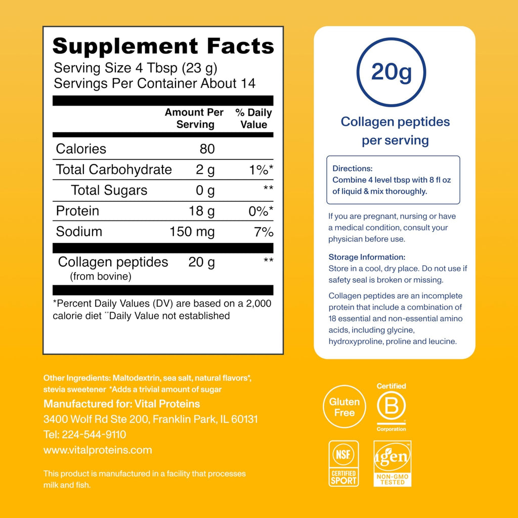 Vital Proteins Collagen Peptides Powder Vanilla - Supports Hair, Skin, Nails, Bones, Joints, Powder for Women - FENGGESTORE20