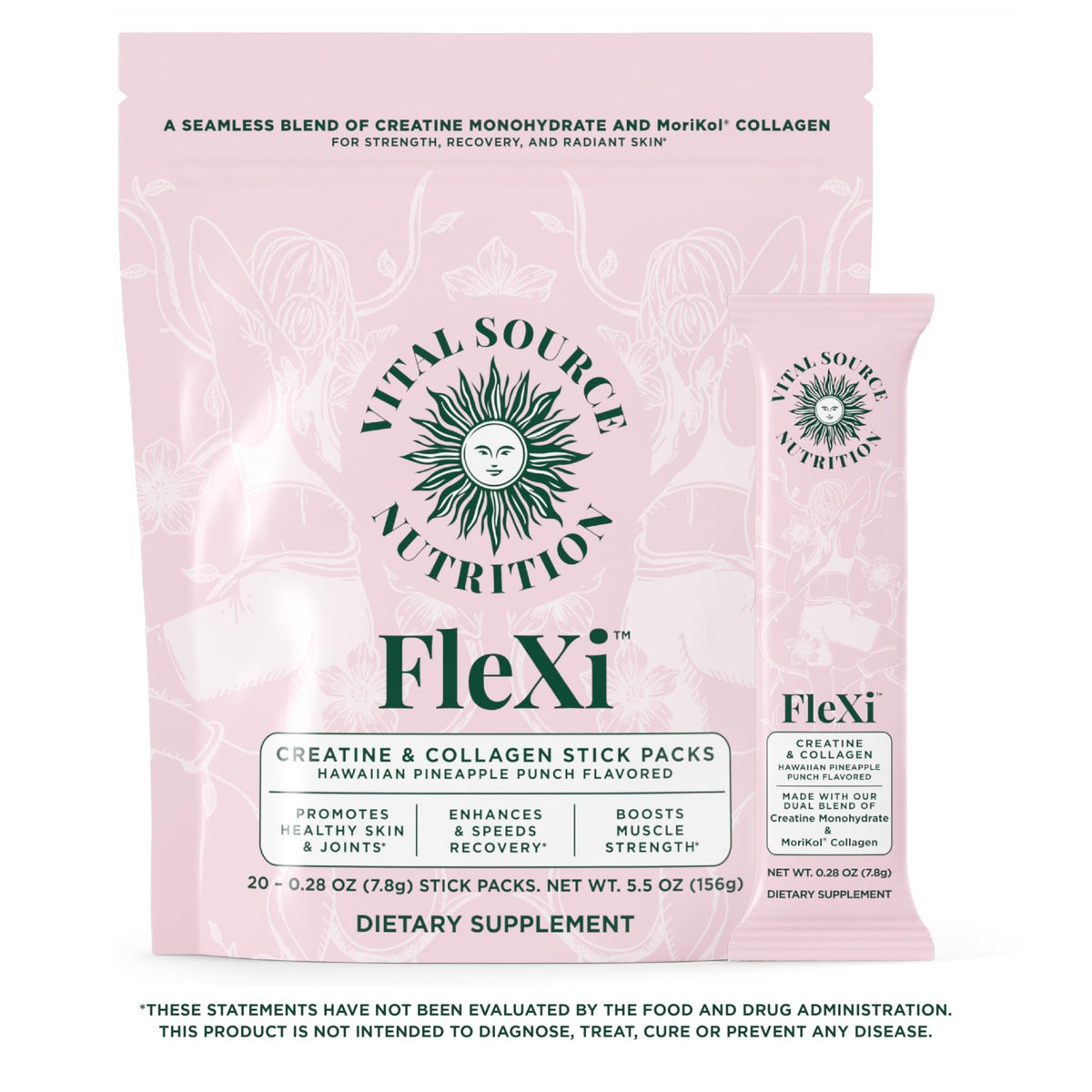 Vital Source Nutrition - Flexi - Creatine & Collagen Stick Packs - 5g Creatine Monohydrate + 1g MoriKol Collagen -Supports Strength, Recovery & Skin Health -20 Servings - FENGGESTORE20