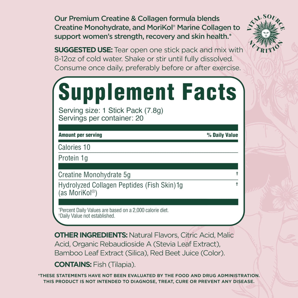 Vital Source Nutrition - Flexi - Creatine & Collagen Stick Packs - 5g Creatine Monohydrate + 1g MoriKol Collagen -Supports Strength, Recovery & Skin Health -20 Servings - FENGGESTORE20