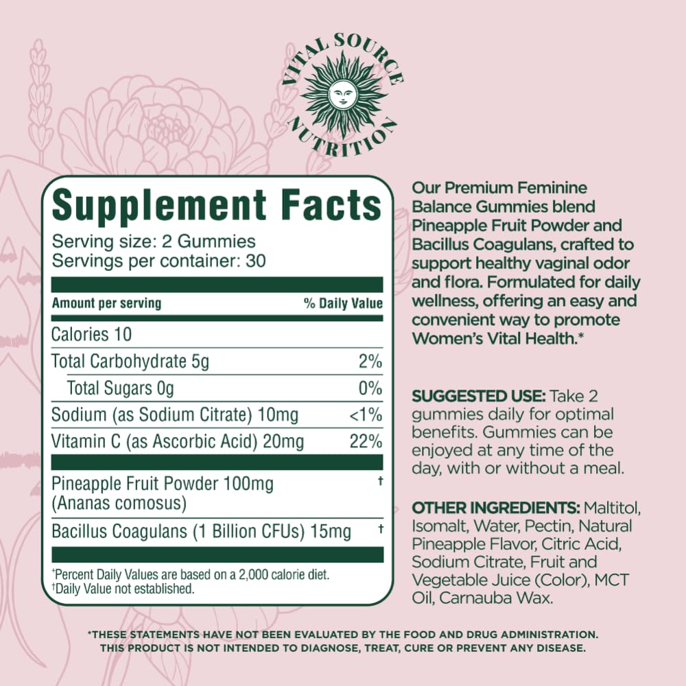 Vital Source Nutrition Vaginal Probiotic Gummies for Women - pH Balance and Immune Defense, Support Healthy Odor and Vaginal Flora - Vegan, Gluten-Free - Hawaiian Pineapple - 60 Gummies - 30 Servings - FENGGESTORE20