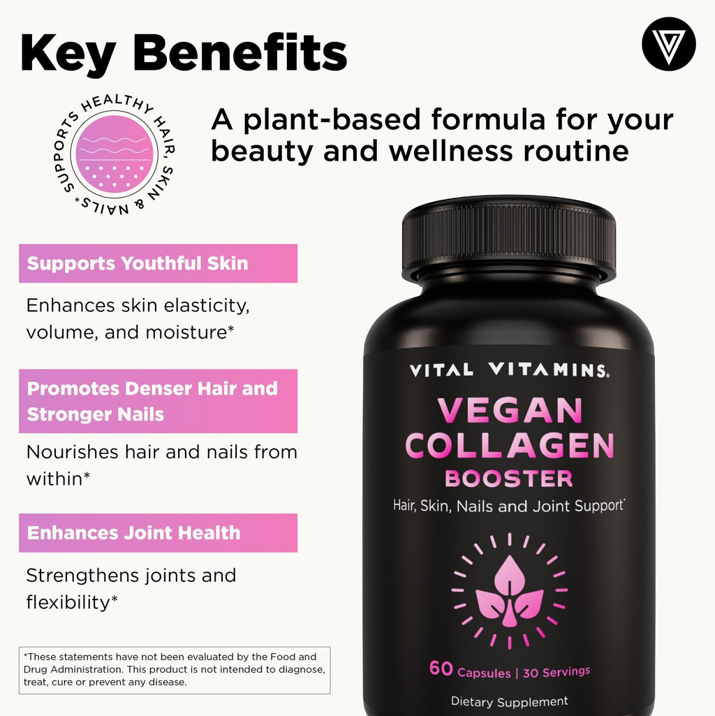 Vital Vitamins Vegan Collagen Booster - with Silica and Hyaluronic Acid - Plant-Based Collagen Supplements - FENGGESTORE20