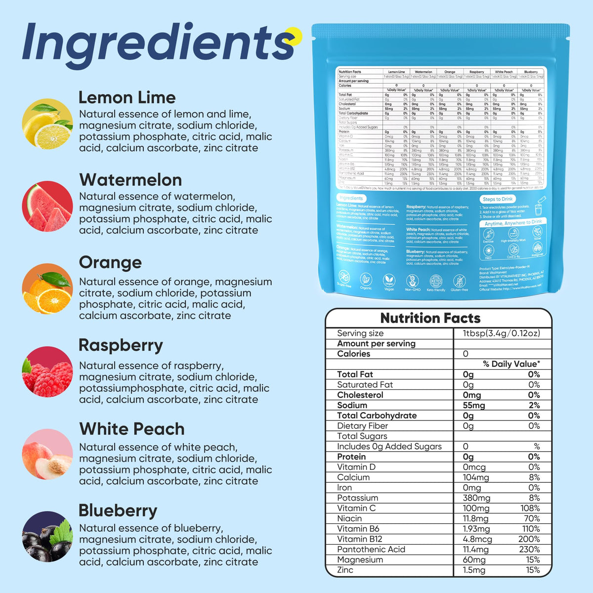 VitalHarvest 36 Sticks Electrolytes Powder Packets 6 Flavors Sugar Free Hydration Packets Electrolyte Liquid Daily IV Drink Mix with Lemon Lime, Watermelon, Orange - FENGGESTORE20