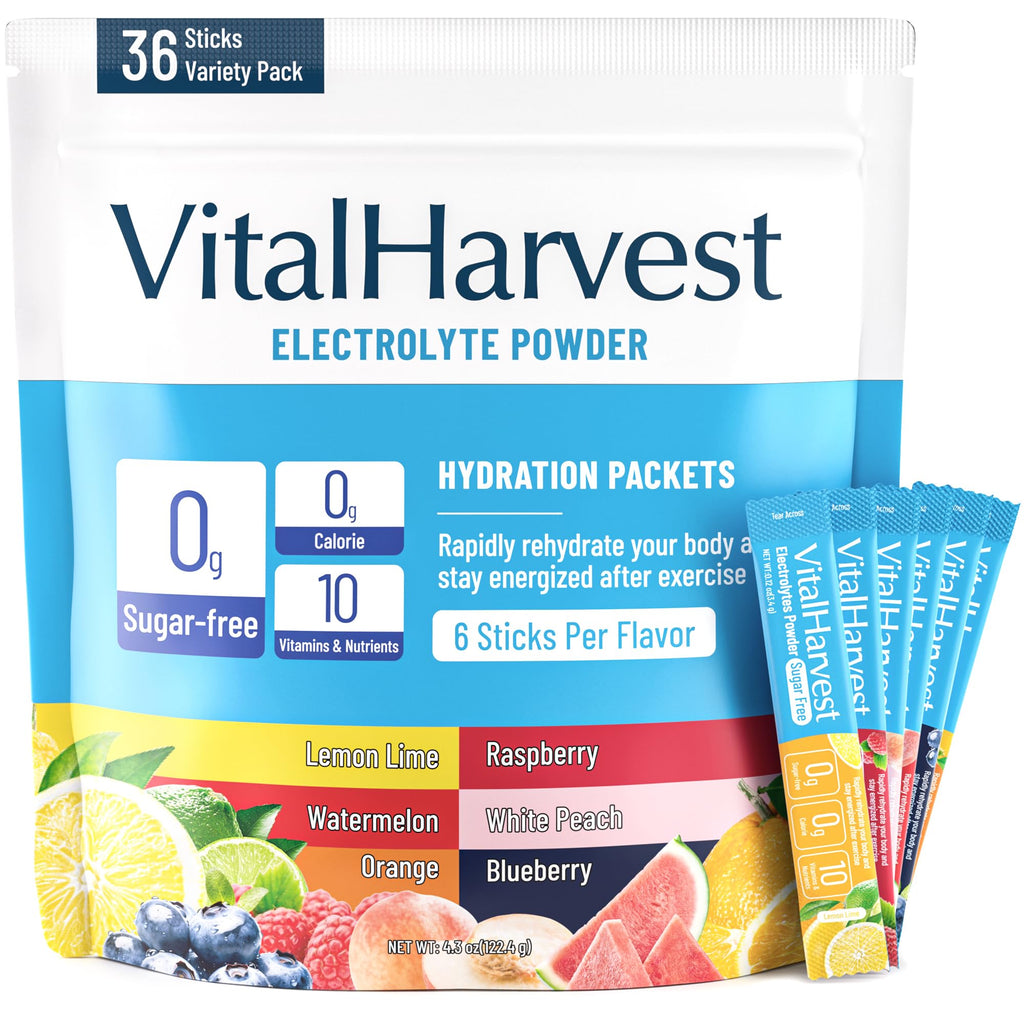 VitalHarvest 36 Sticks Electrolytes Powder Packets 6 Flavors Sugar Free Hydration Packets Electrolyte Liquid Daily IV Drink Mix with Lemon Lime, Watermelon, Orange - FENGGESTORE20