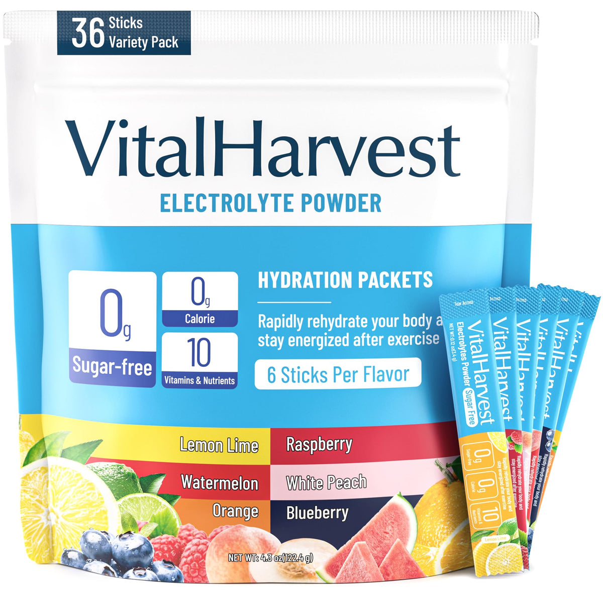 VitalHarvest 36 Sticks Electrolytes Powder Packets 6 Flavors Sugar Free Hydration Packets Electrolyte Liquid Daily IV Drink Mix with Lemon Lime, Watermelon, Orange - FENGGESTORE20