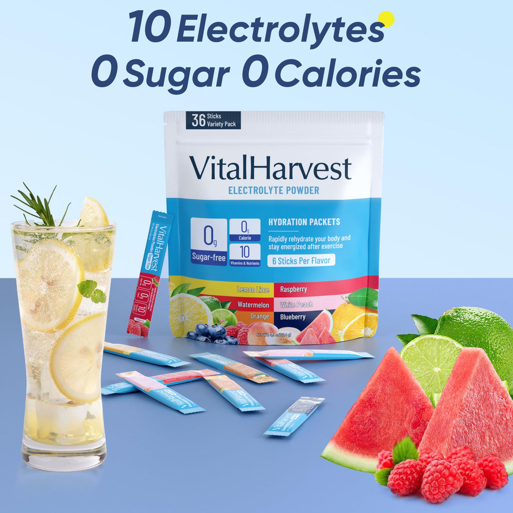 VitalHarvest 36 Sticks Electrolytes Powder Packets 6 Flavors Sugar Free Hydration Packets Electrolyte Liquid Daily IV Drink Mix with Lemon Lime, Watermelon, Orange - FENGGESTORE20