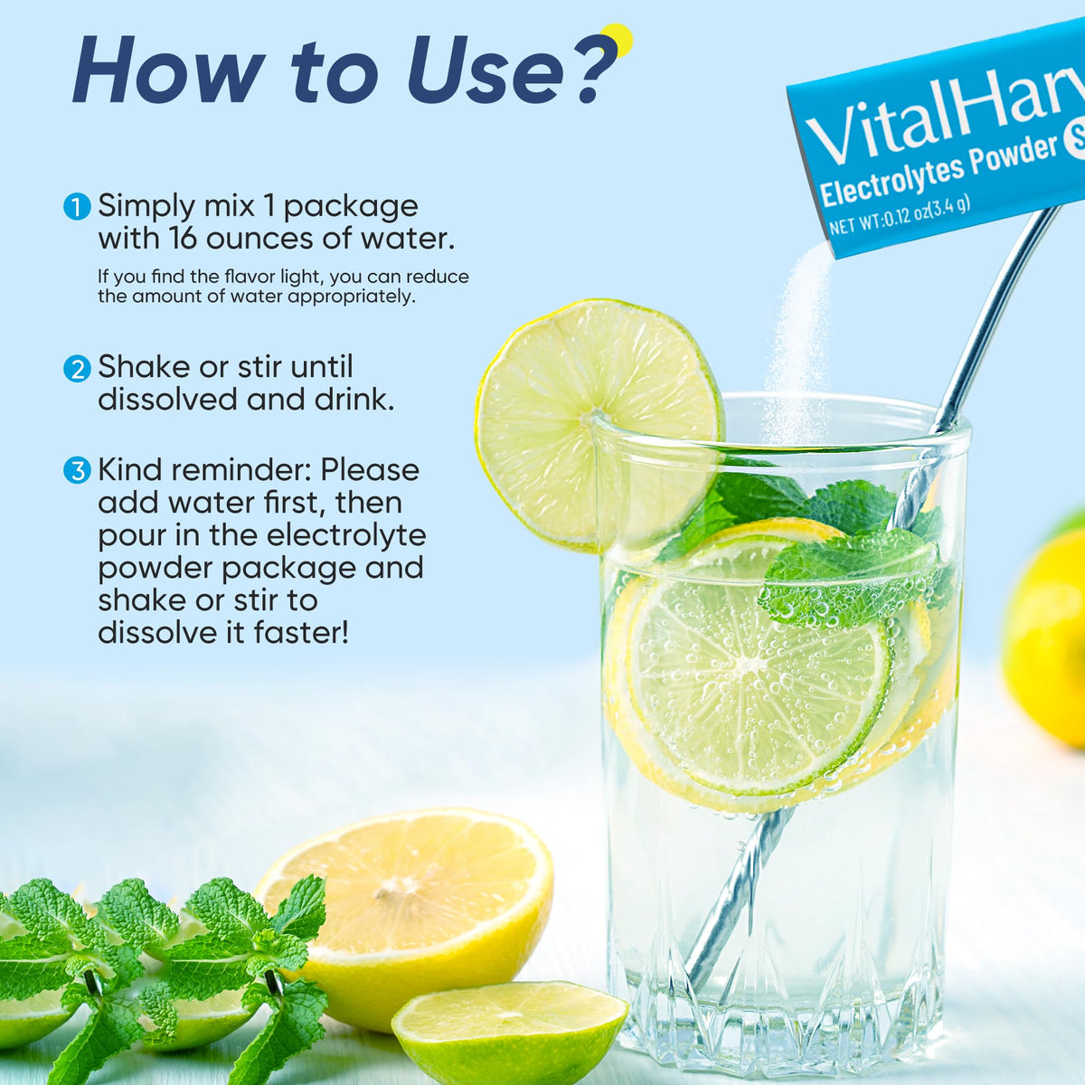 VitalHarvest 36 Sticks Electrolytes Powder Packets 6 Flavors Sugar Free Hydration Packets Electrolyte Liquid Daily IV Drink Mix with Lemon Lime, Watermelon, Orange - FENGGESTORE20