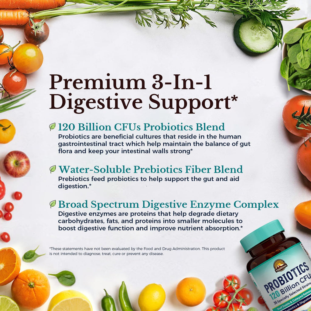 VITALITOWN Probiotics 120 Billion CFUs | 36 Strains, with Prebiotics & Digestive Enzymes for Men Women | Shelf Stable | Digestive Health & Immune Support - FENGGESTORE20