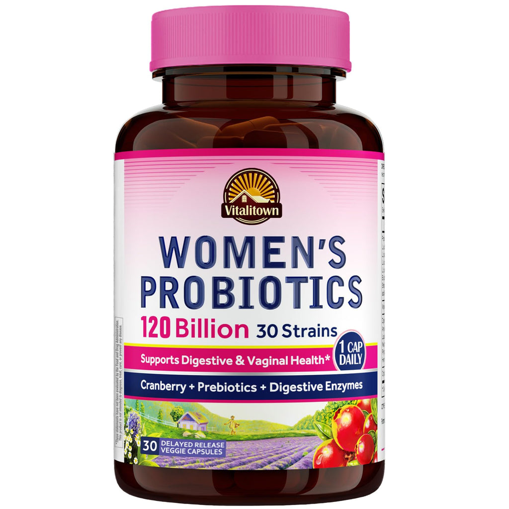 Vitalitown Probiotics for Women 120 Billion CFUs, 30 Strains, with Prebiotics & Digestive Enzymes & Cranberry, Gut & Vaginal Health, Vegan 30 - FENGGESTORE20