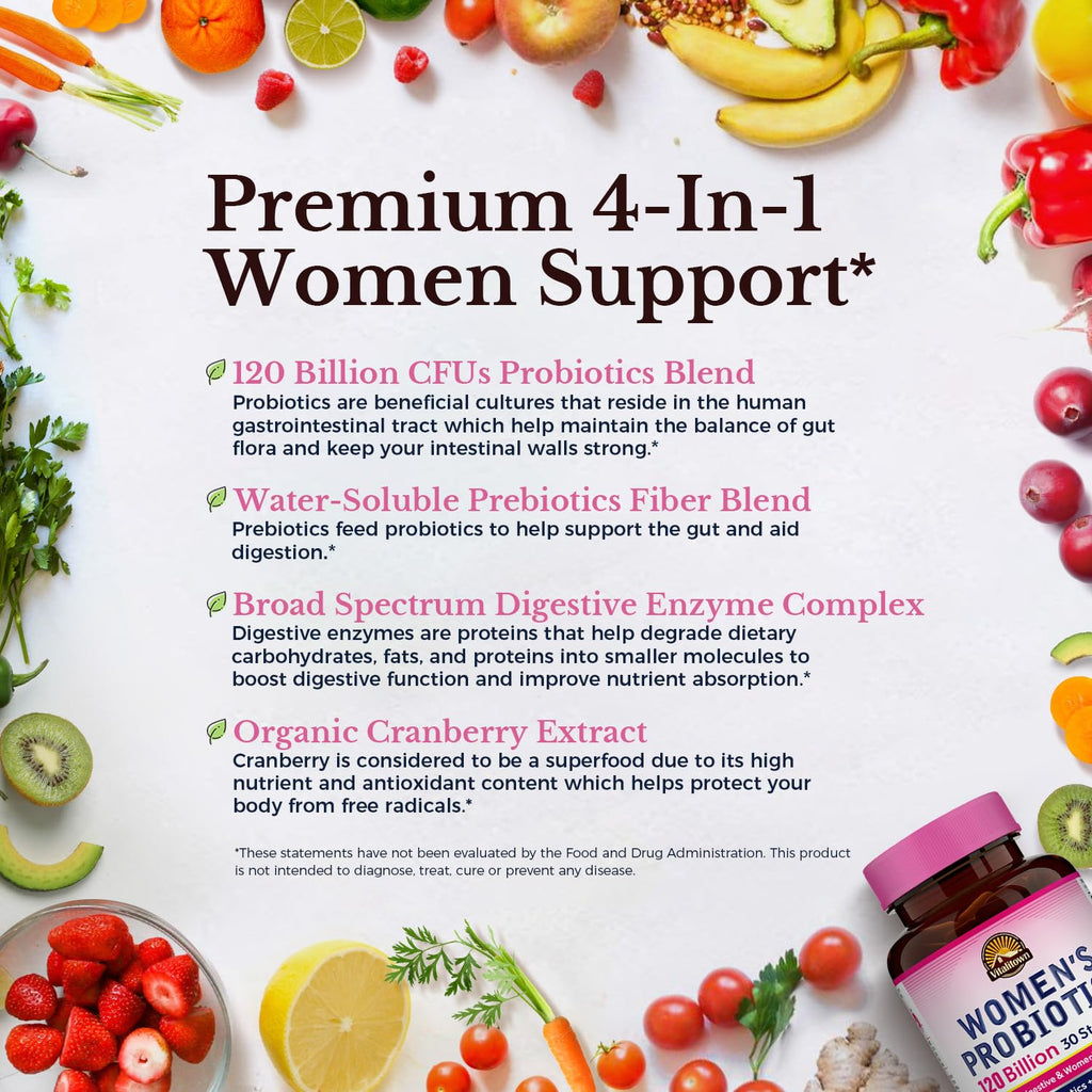 Vitalitown Probiotics for Women 120 Billion CFUs, 30 Strains, with Prebiotics & Digestive Enzymes & Cranberry, Gut & Vaginal Health, Vegan 30 - FENGGESTORE20