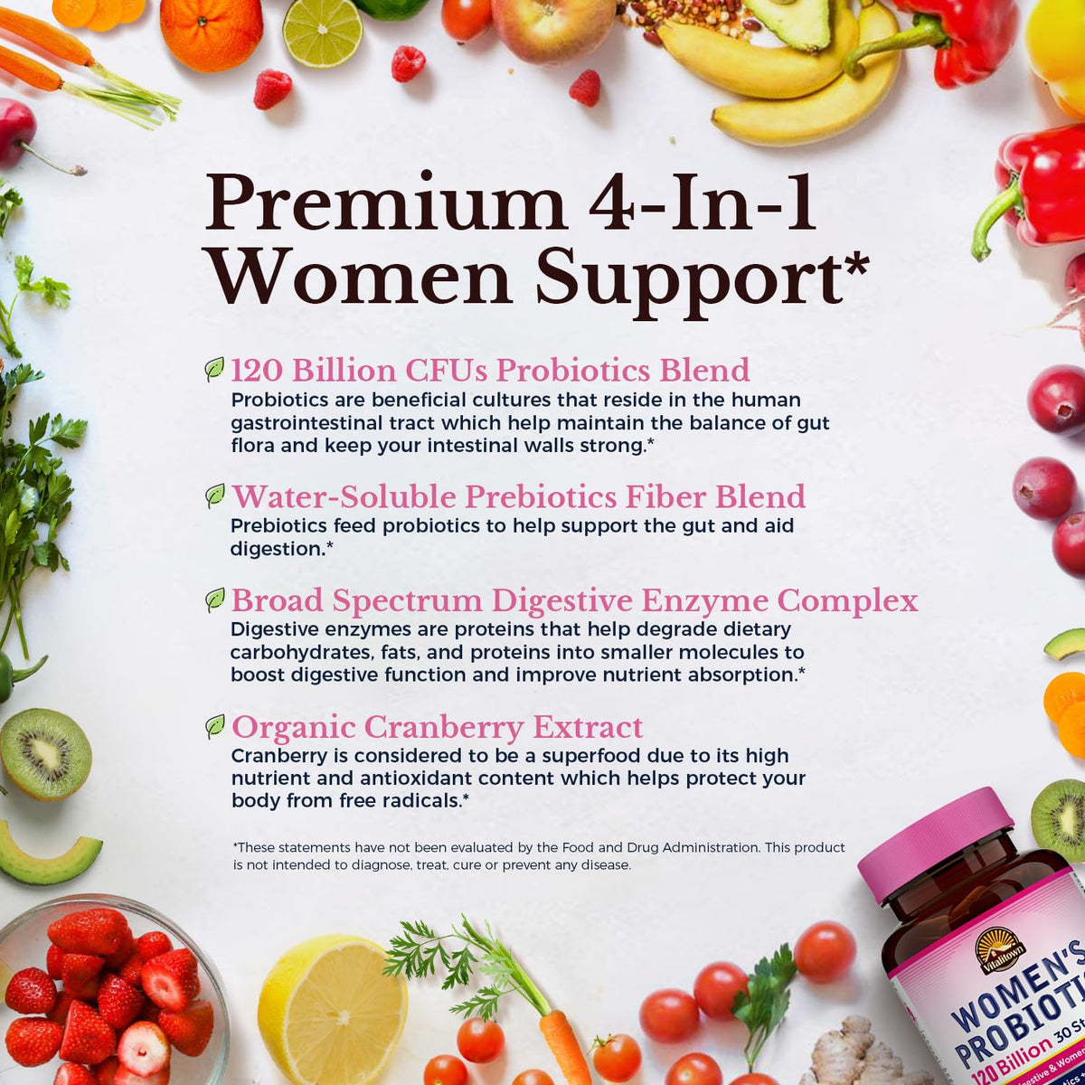 Vitalitown Probiotics for Women 120 Billion CFUs, 30 Strains, with Prebiotics & Digestive Enzymes & Cranberry, Gut & Vaginal Health, Vegan 30 - FENGGESTORE20