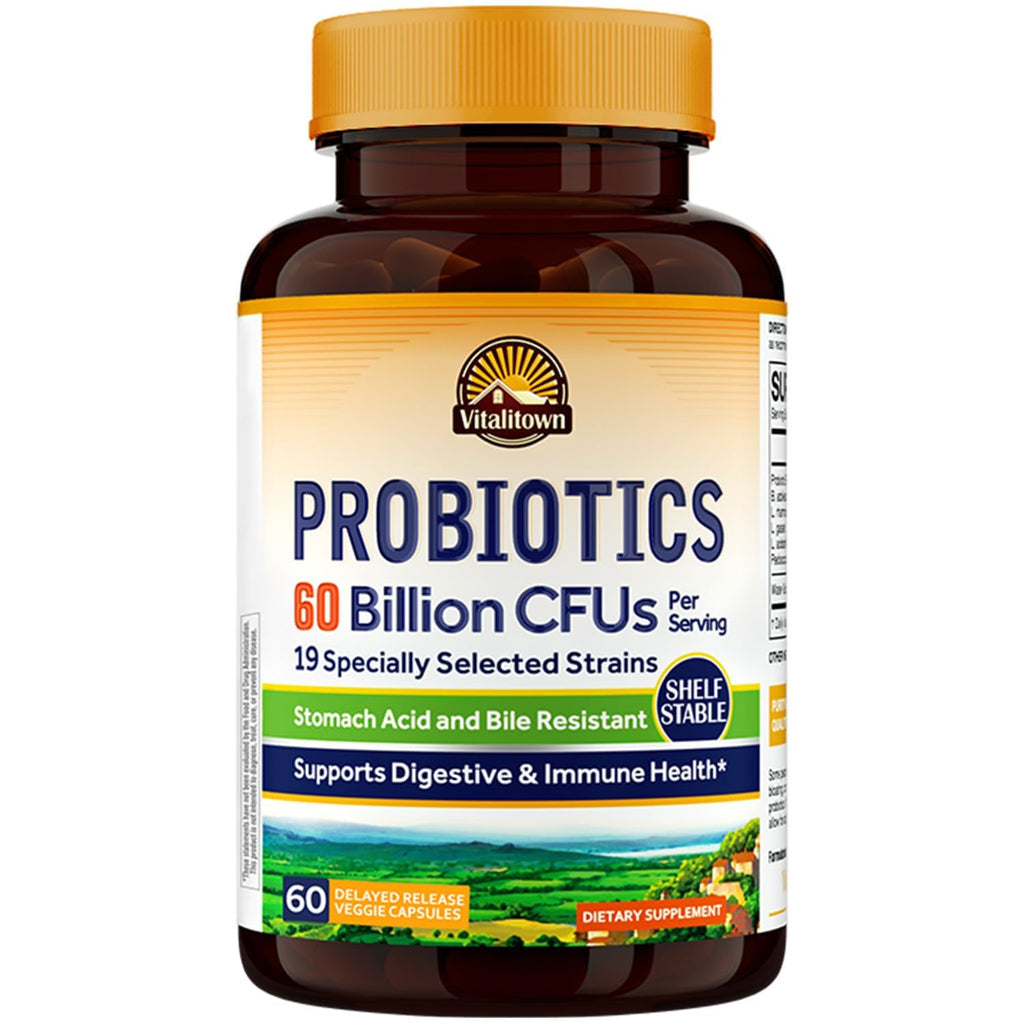 Vitalitown Probiotics + Prebiotics | 60 Billion CFUs 19 Strains | 60 Delayed Release Veg Caps | Shelf Stable, Prebiotics and Probiotics | Digestive Health - FENGGESTORE20